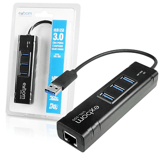 Hub USB 3.0 com 3 Portas + Adaptador USB para Lan Ethernet Exbom