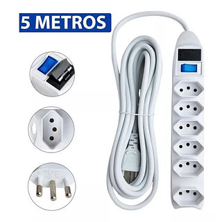 Extensão elétrica 5 Metros 6 Tomadas Compacta Filtro de Linha