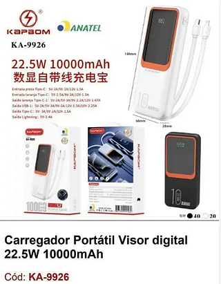 Power Bank 22.5w Carregamento Turbo 10.000mah Kapbo