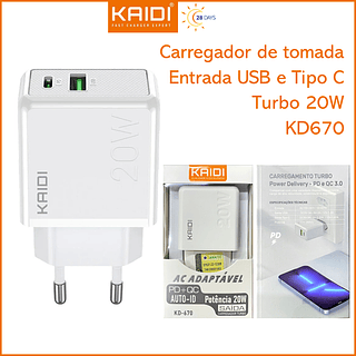 Fonte Carregador 2 Entradas Usb e Tipo C PD Turbo 20w Kaidi
