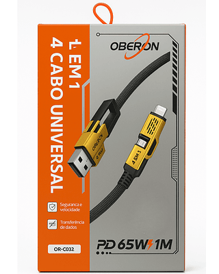 Cabo de Dados 4 em 1 USB/Tipo C + Iphone/Tipo C 65W 1M Oberon