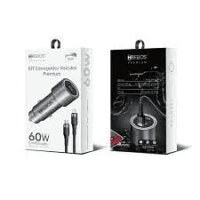 Kit Carregador Veicular 60w + Cabo Duplo USB-C Lightning