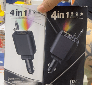 Carregador Veicular 4 in 1 com Luz Estelar Retrátil USB/USB-C Saída 3A 120W