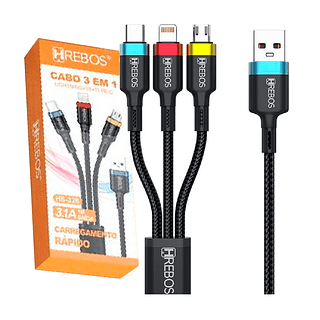 Cabo 3 em 1 Micro USB/Type C/ Lightning Hrebos