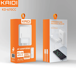 Carregador USB-C+USB p/ USB-C 20W Kaidi