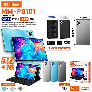 Tablet 10.1” 5G com Teclado+Mouse 16GB RAM 512GB Android Minimen