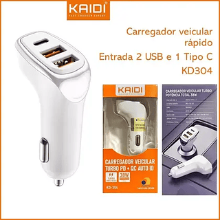 Carregador Veicular Turbo Fonte Com 3 Saídas 2 USB e 1 Tipo C 38w Kaidi