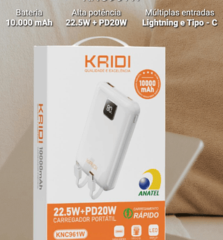 Carregador Portatil 10000mAh 22.5w com Cabo Embutido Kaidi