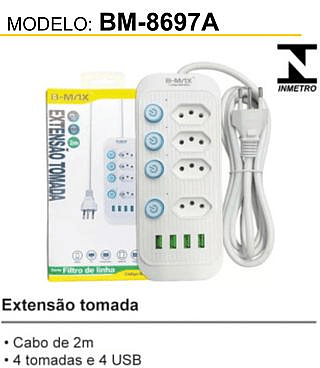 Regua Extensão Eletrica Usb 4 Tomadas Botão Liga Desliga B-MAX