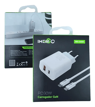 Carregador Ultra Rápido GaN PD 30W com Dupla Saída Imenso