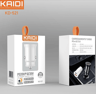 Carregador Veícular Turbo 20W USB e Tipo-C KAIDI