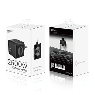 Adaptador de Tomada Cube Adapter 2500W Saídas USB + Type-C Hrebos