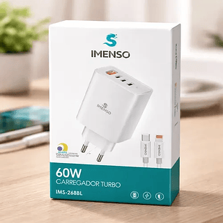 Carregador Turbo Completo 60w 2 Type-c 1 Usb-a Imenso