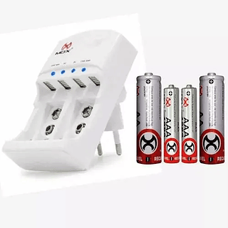 Carregador de pilhas e bateria 9V - c/ 2 pilhas AAA + 2 pilhas AA MOX