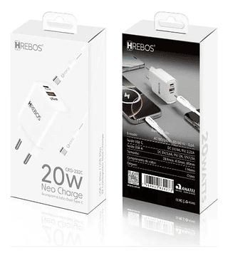 Carregador 20w Tipo-C 2 Entradas Usb-A e Usb-C Hrebos