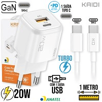 KIt Carregador Turbo Tipo C PD + USB 20W Kaidi