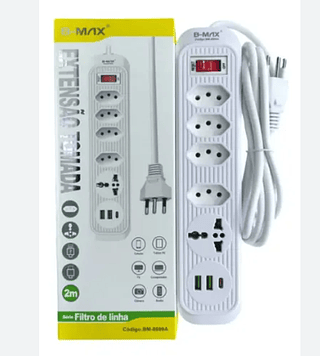 Extensão Filtro De Linha 5 Tomadas 2 Usb 1 Tipo C Universal B-Max