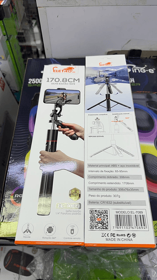 Tripé Bastão De Selfie Comprimento Estendido 170cm Comprido Controle Sem Fio Bluetooth EletroMex
