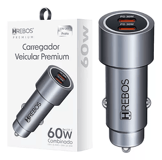 Carregador Veicular Turbo Carro Celular 2 Entradas USB-C 60w Hrebos