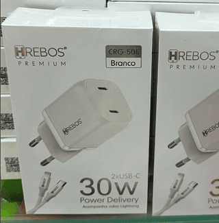 Carregador Premium 2 USB-C para IOS e Android 30W Hrebos