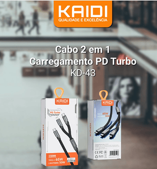 Cabo 2 em 1 Carregamento Turbo PD 65W Kaidi